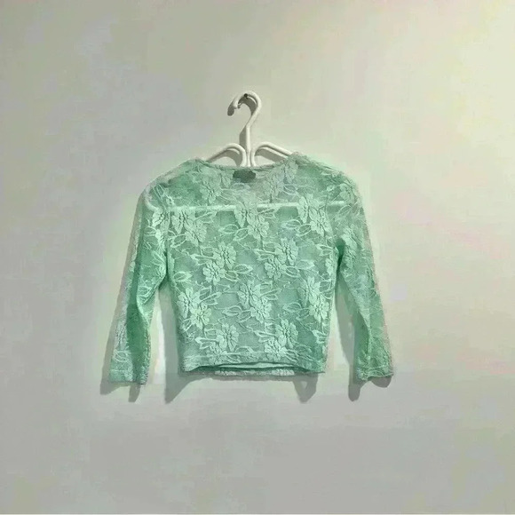 Topshop |  womens xsmall mint green lace 3/4 sleeves crop top sheer in the back - Picture 3 of 5